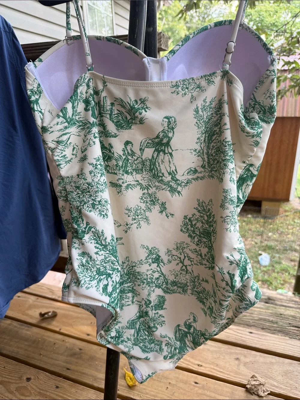 Toile de Jouy Women’s XL Swimsuit off white and green padded cups